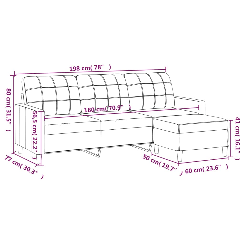 Light Gray 3-Seater Fabric Sofa with Footstool U7561