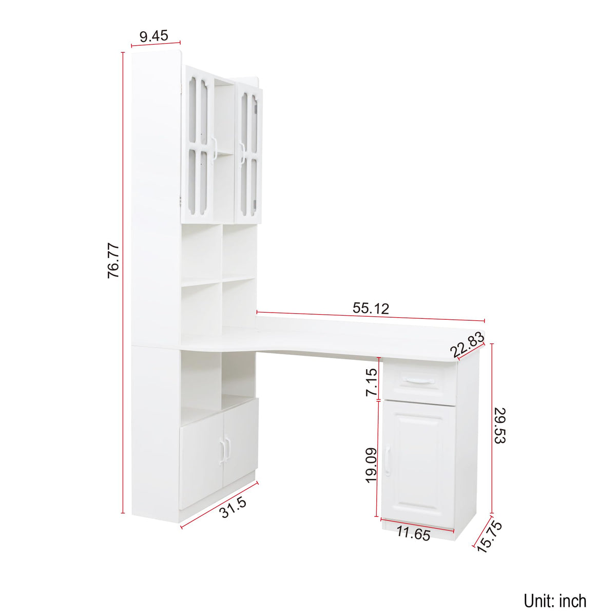 White L Shaped Corner Computer Desk with Bookshelf and Drawer N812
