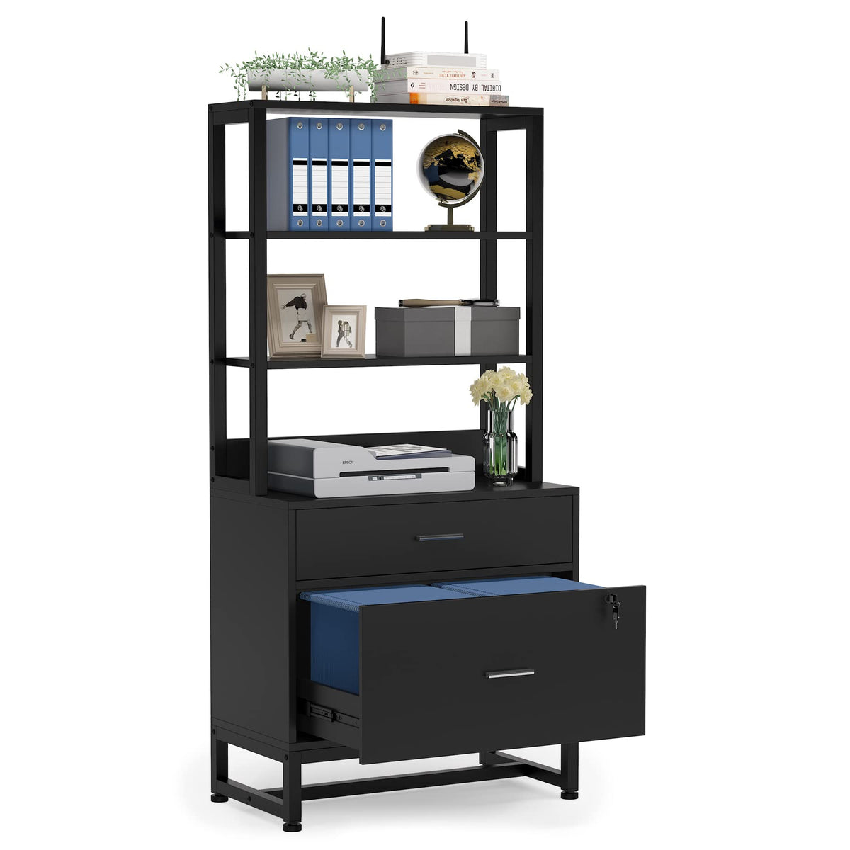2 Drawer Vertical File Cabinet with Lock & Bookshelf Black B81289