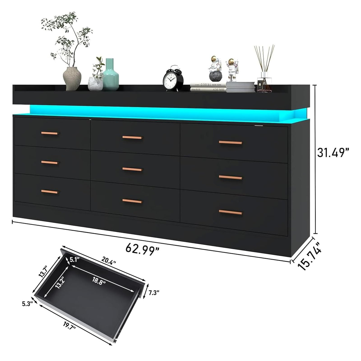9 Drawer Dresser with LED Light and Charging Station C293603