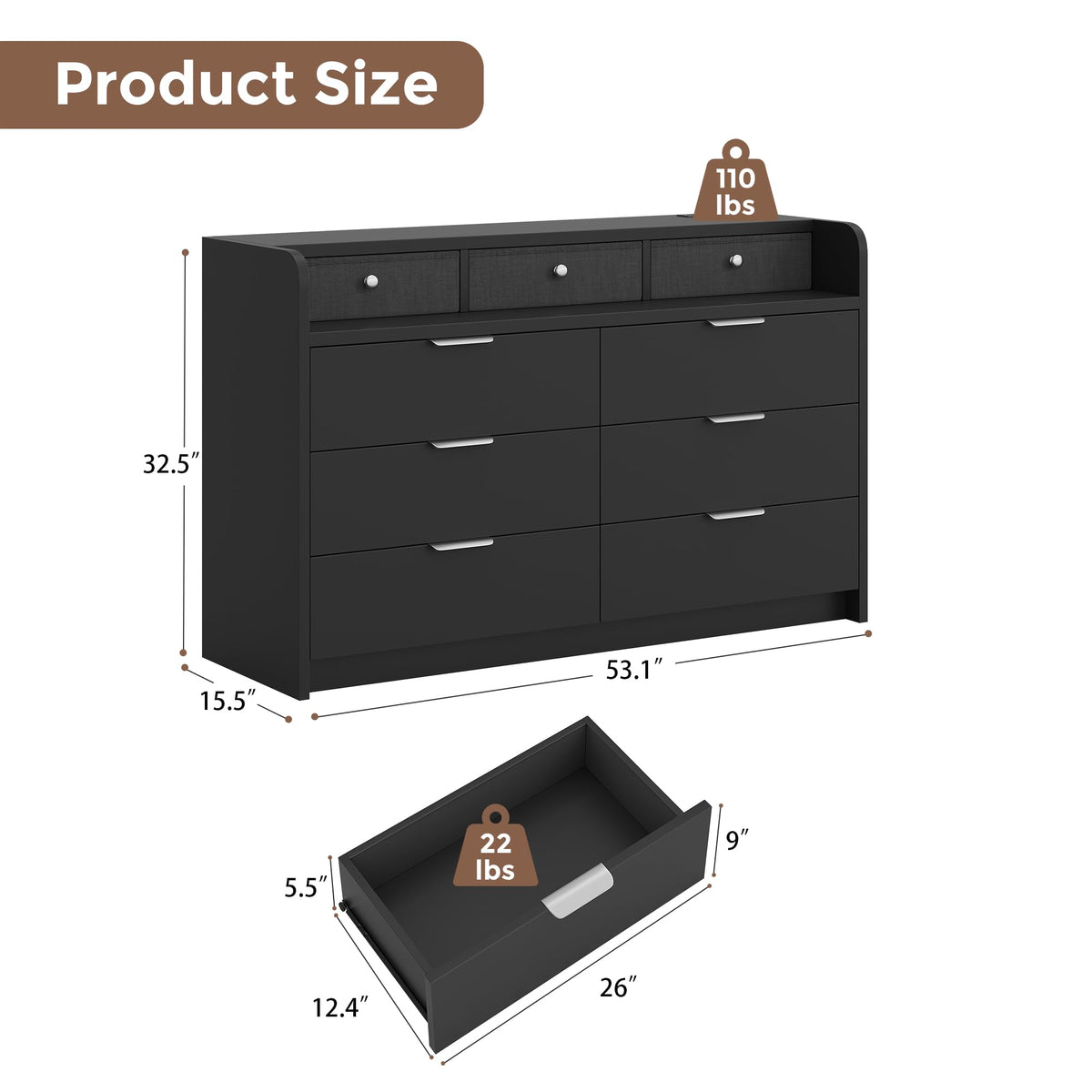 Black 9 Drawer Wood Dresser P136060