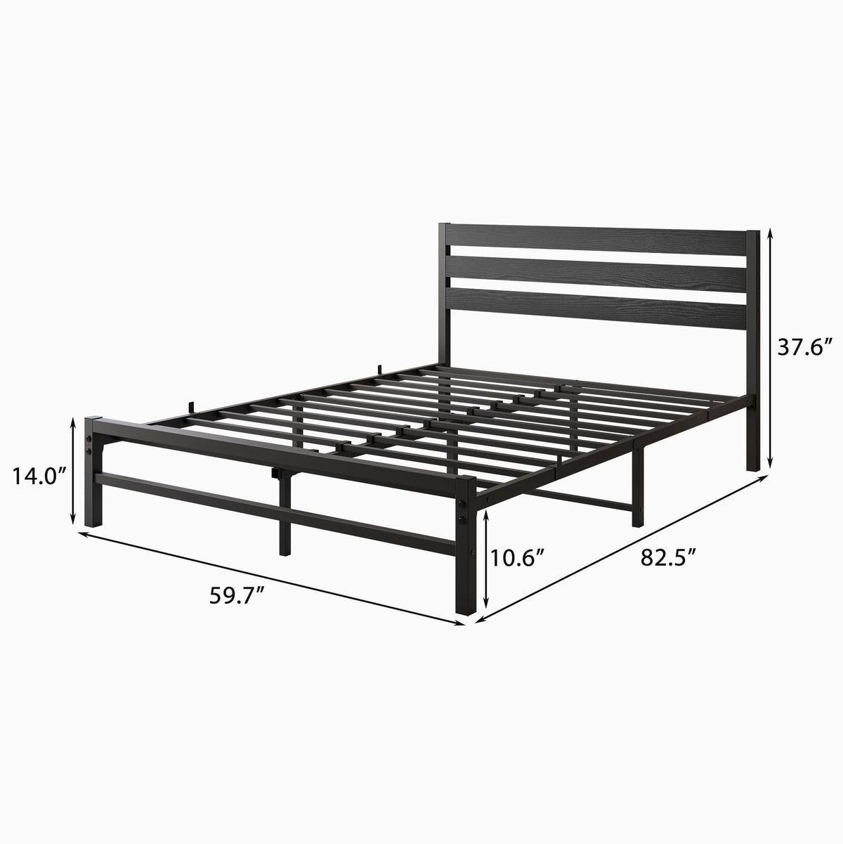 Queen Size Platform Bed Frame with Wood Headboard and Metal Slats, Black G839