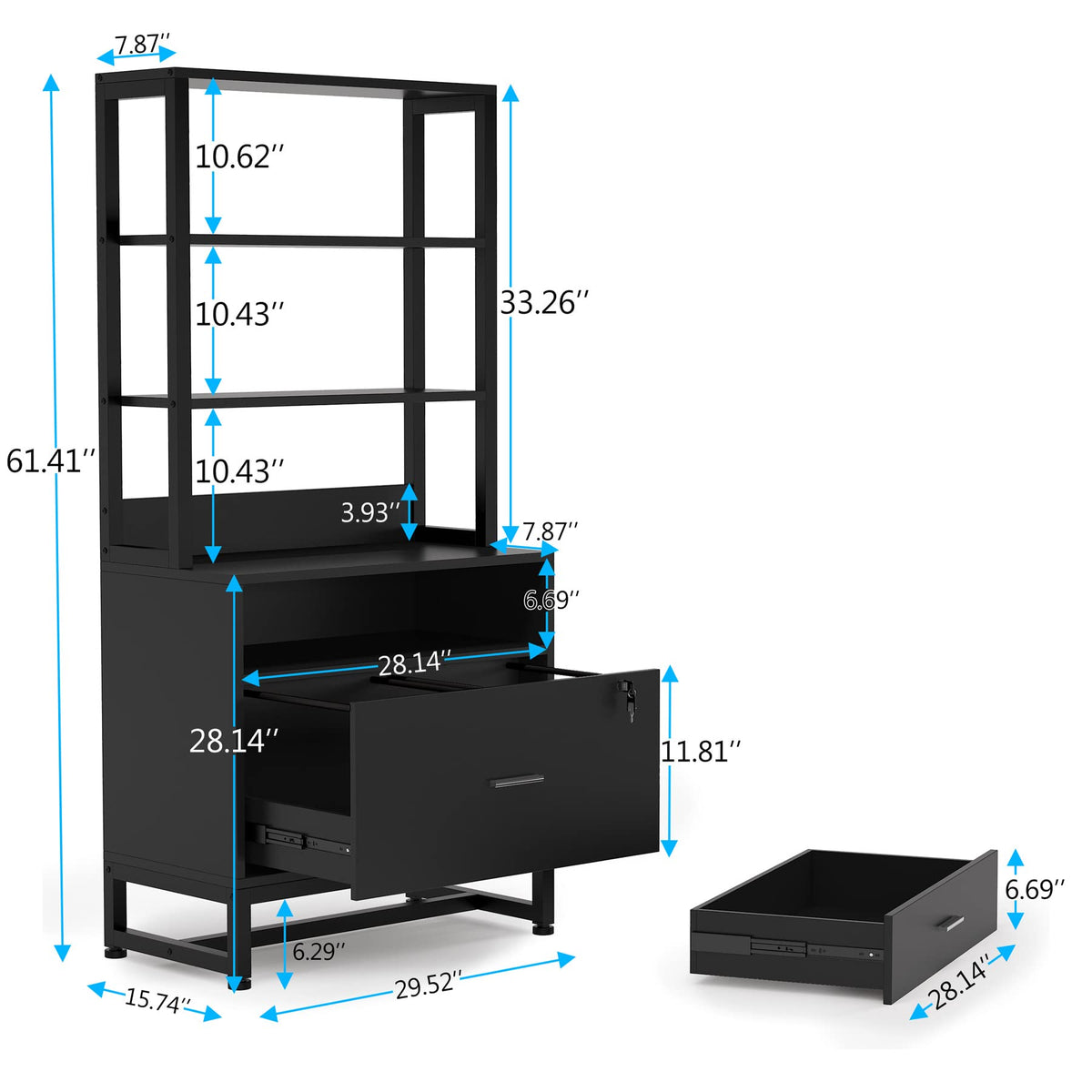 2 Drawer Vertical File Cabinet with Lock & Bookshelf Black B81289