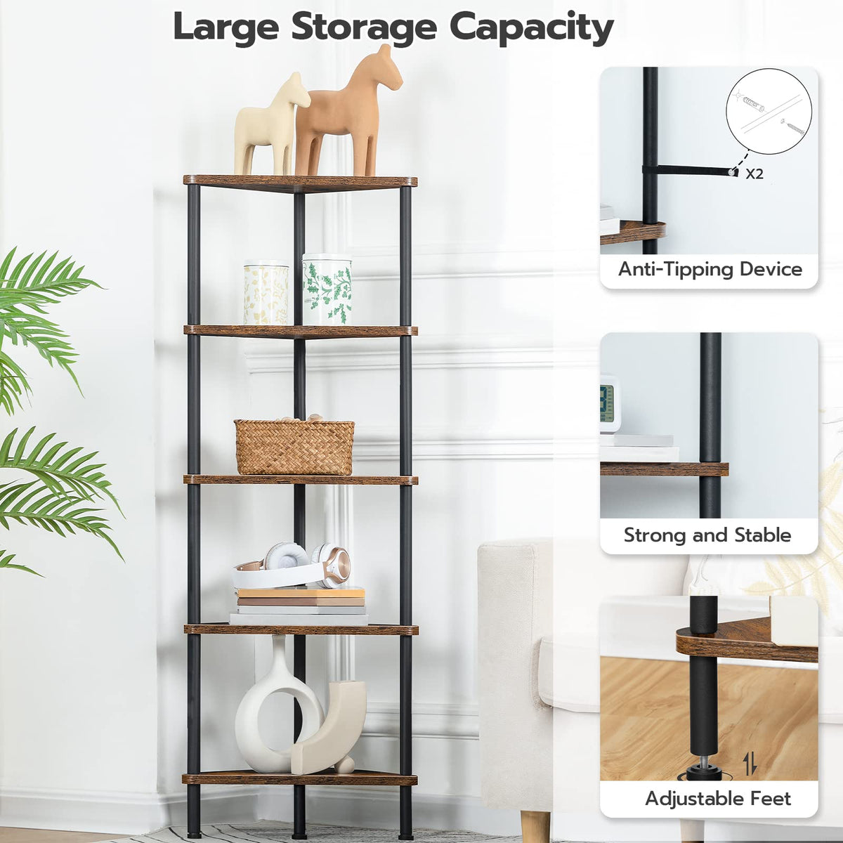 5-Tier Corner Bookshelf with Metal Frame F4442