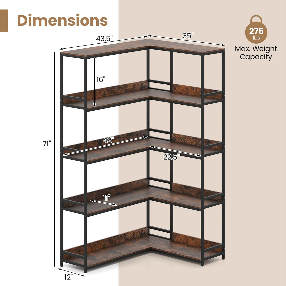 5-Tier L-Shaped Bookshelf with Metal Frame F493847