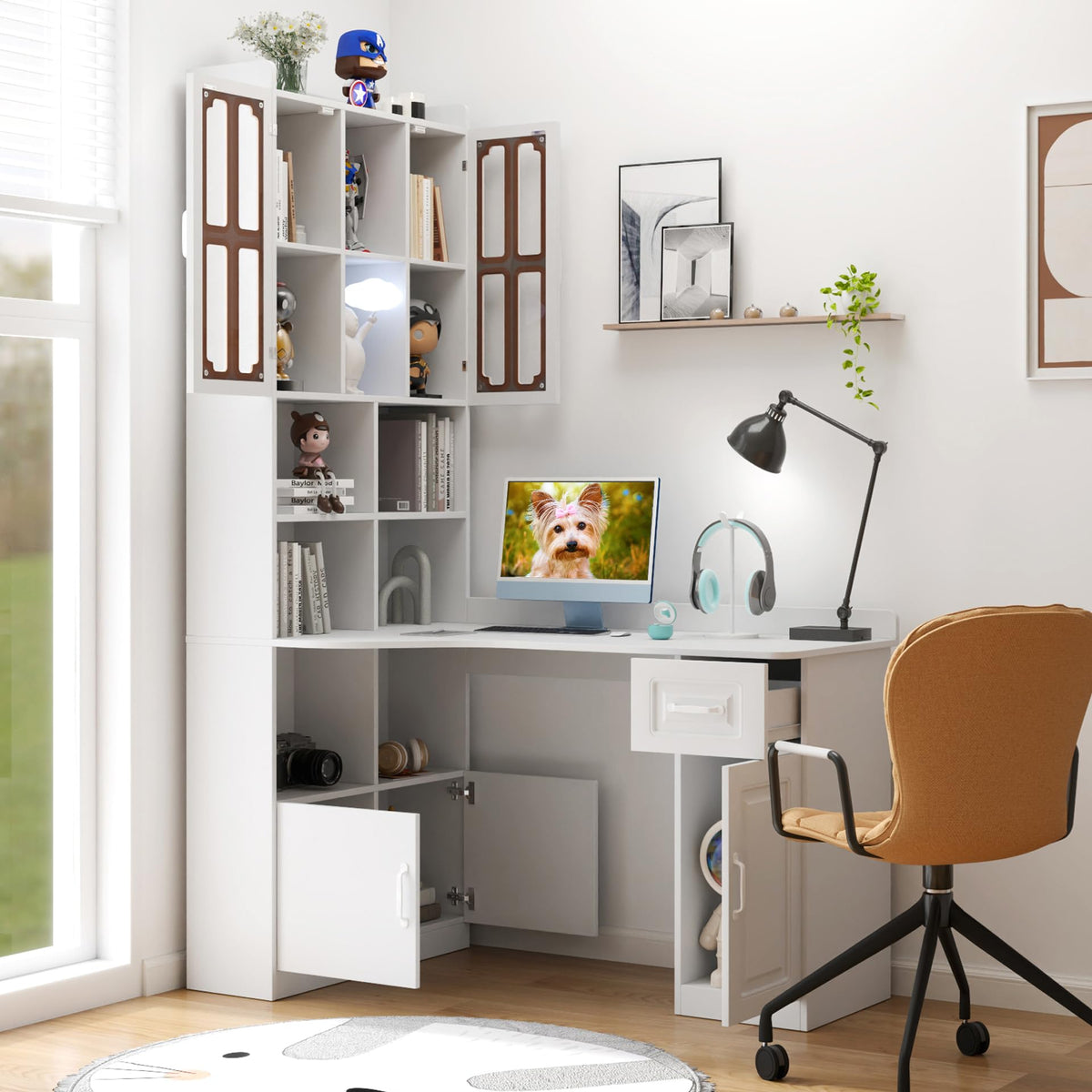 White L Shaped Corner Computer Desk with Bookshelf and Drawer N812