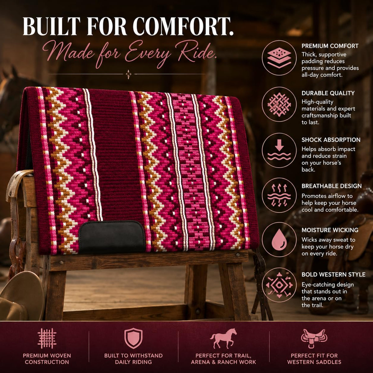 Burgundy Pink Tribal Horse Saddle Pad Y3350