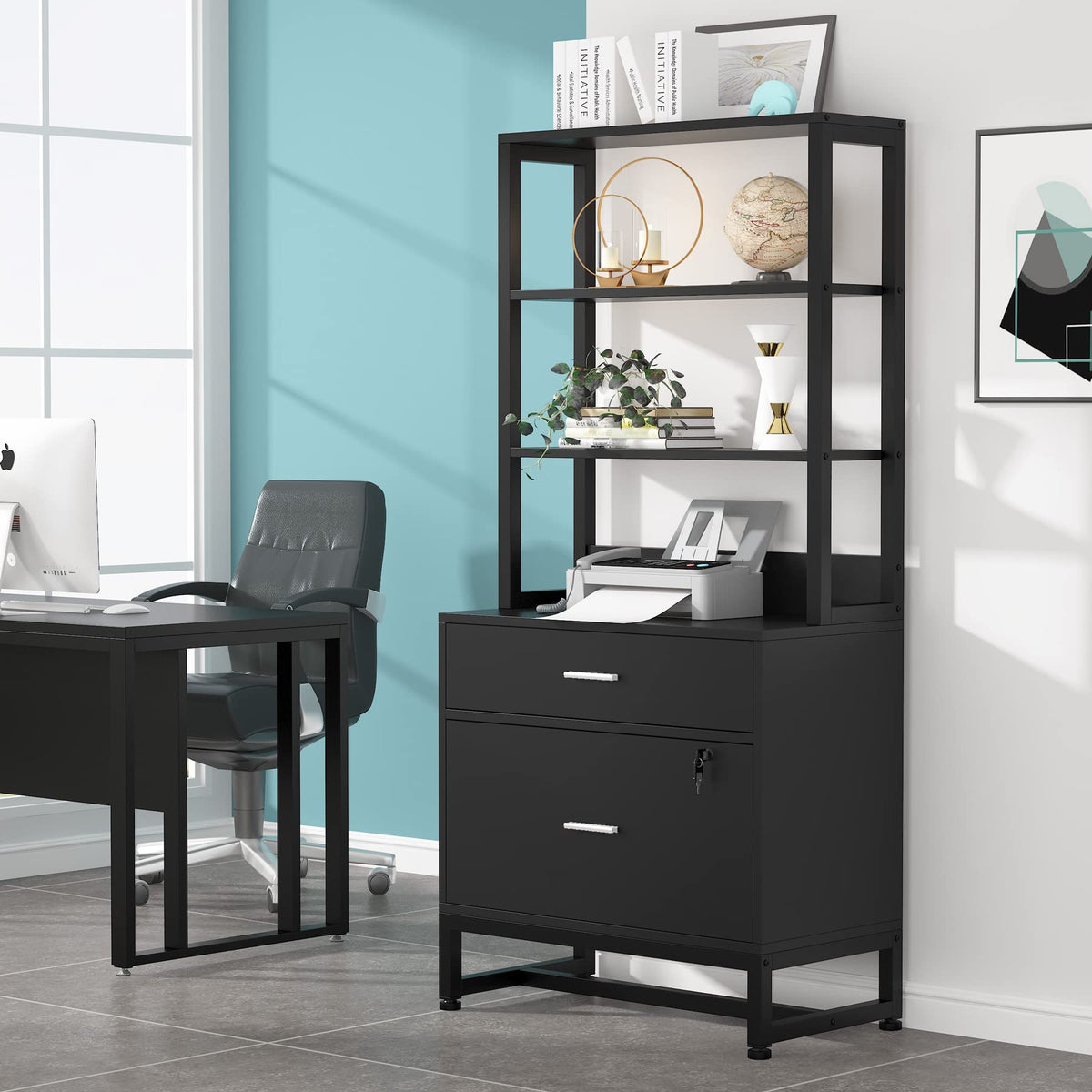 2 Drawer Vertical File Cabinet with Lock & Bookshelf Black B81289