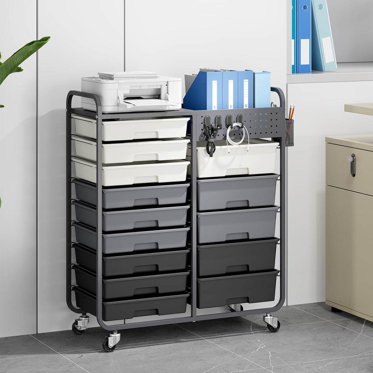 14 Drawer Rolling Storage Cart with Tabletop and Pegboard Grey M852804