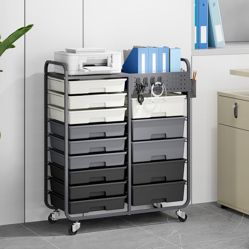 14 Drawer Rolling Storage Cart with Tabletop and Pegboard Grey M852804