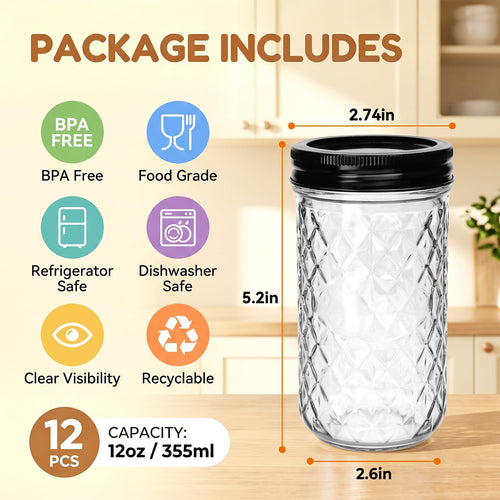 12 oz Mason Jars 12 Pack Regular Mouth Canning Jars with Black Lids F165