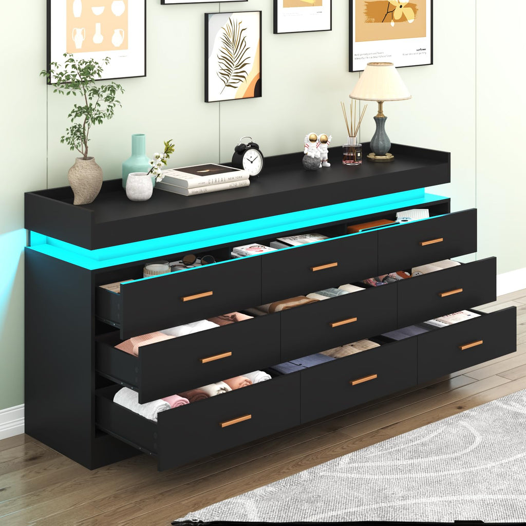 9 Drawer Dresser with LED Light and Charging Station C293603