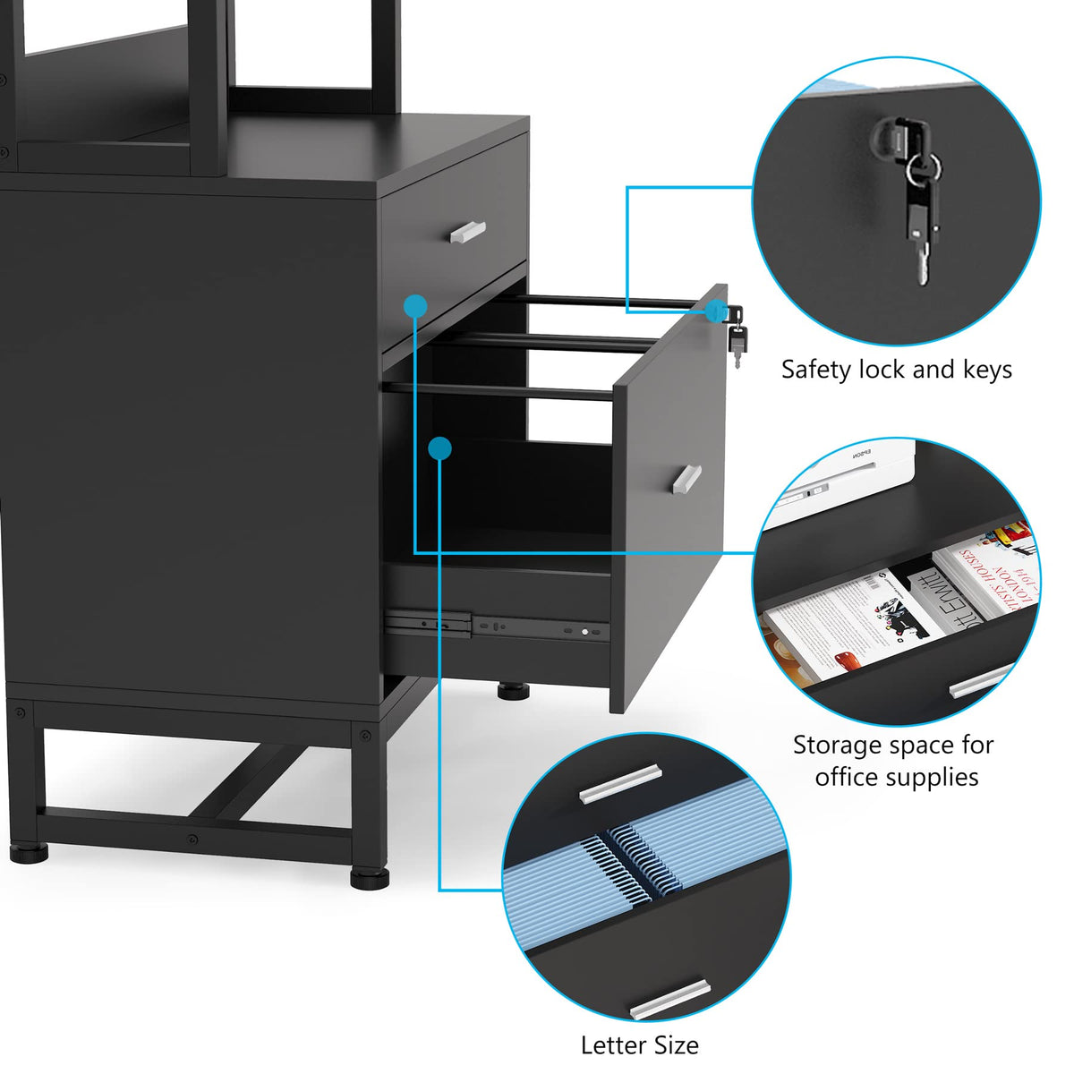 2 Drawer Vertical File Cabinet with Lock & Bookshelf Black B81289
