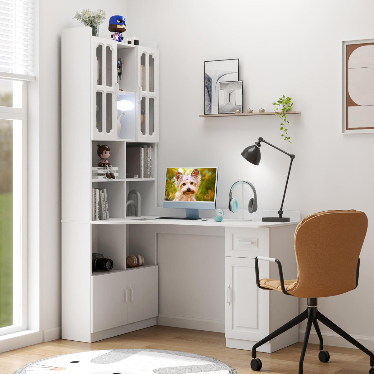 White L Shaped Corner Computer Desk with Bookshelf and Drawer N812