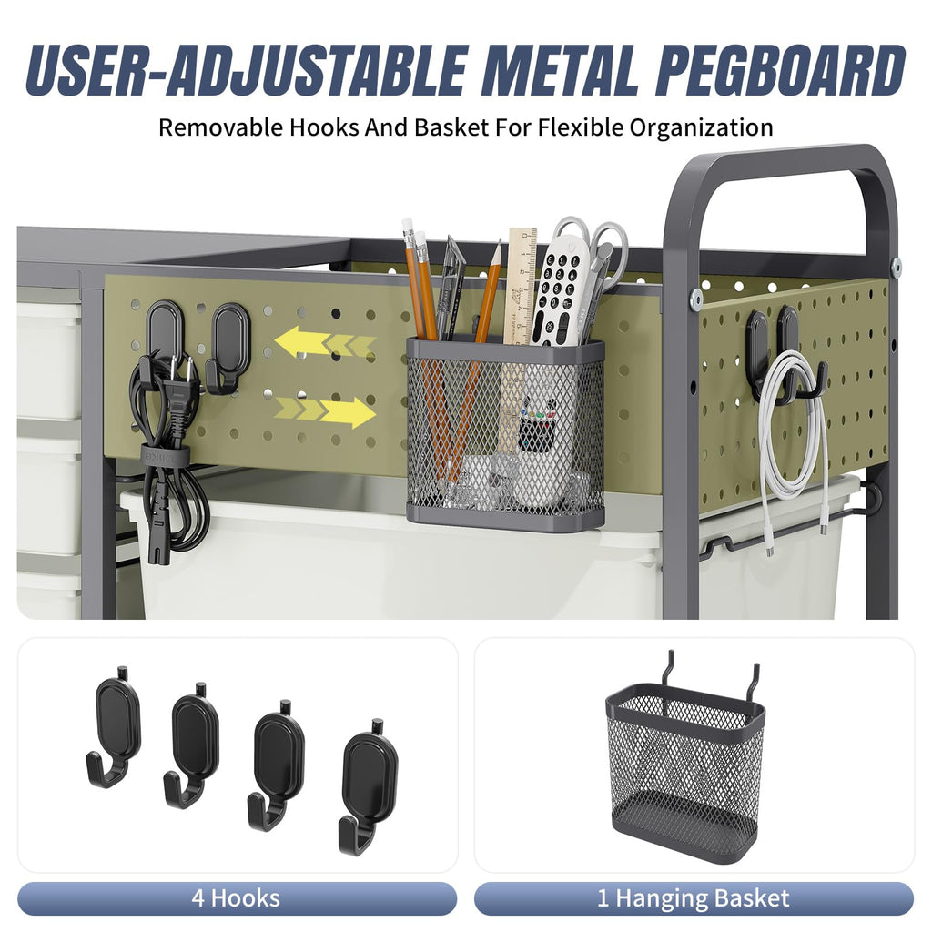 14 Drawer Rolling Storage Cart with Tabletop and Pegboard Grey M852804