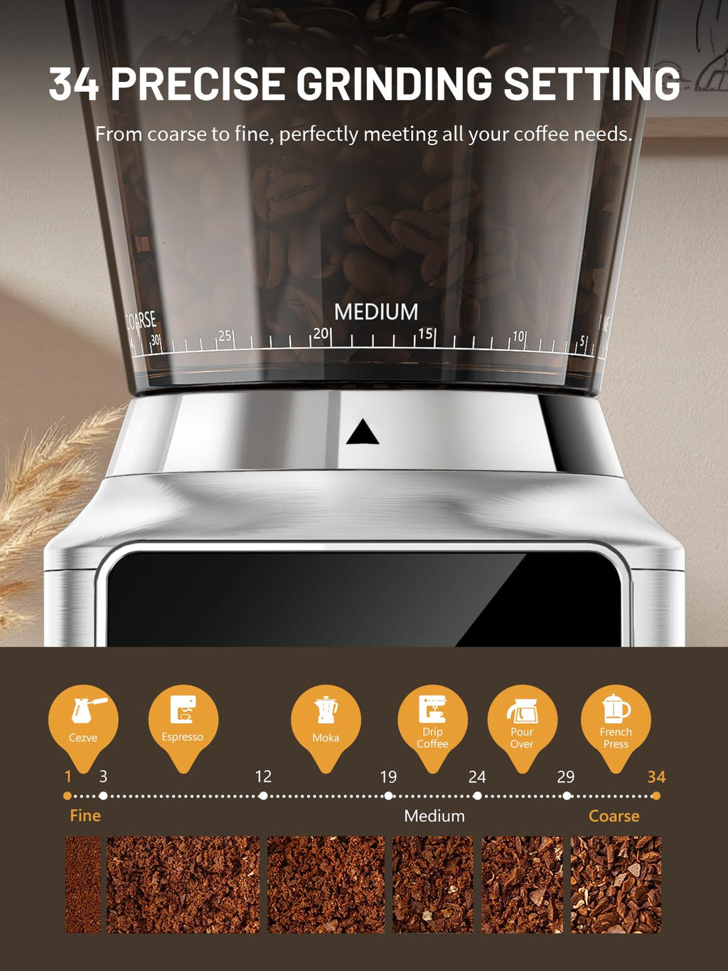 Conical Burr Coffee Grinder with Touch Screen 34 Grind F450