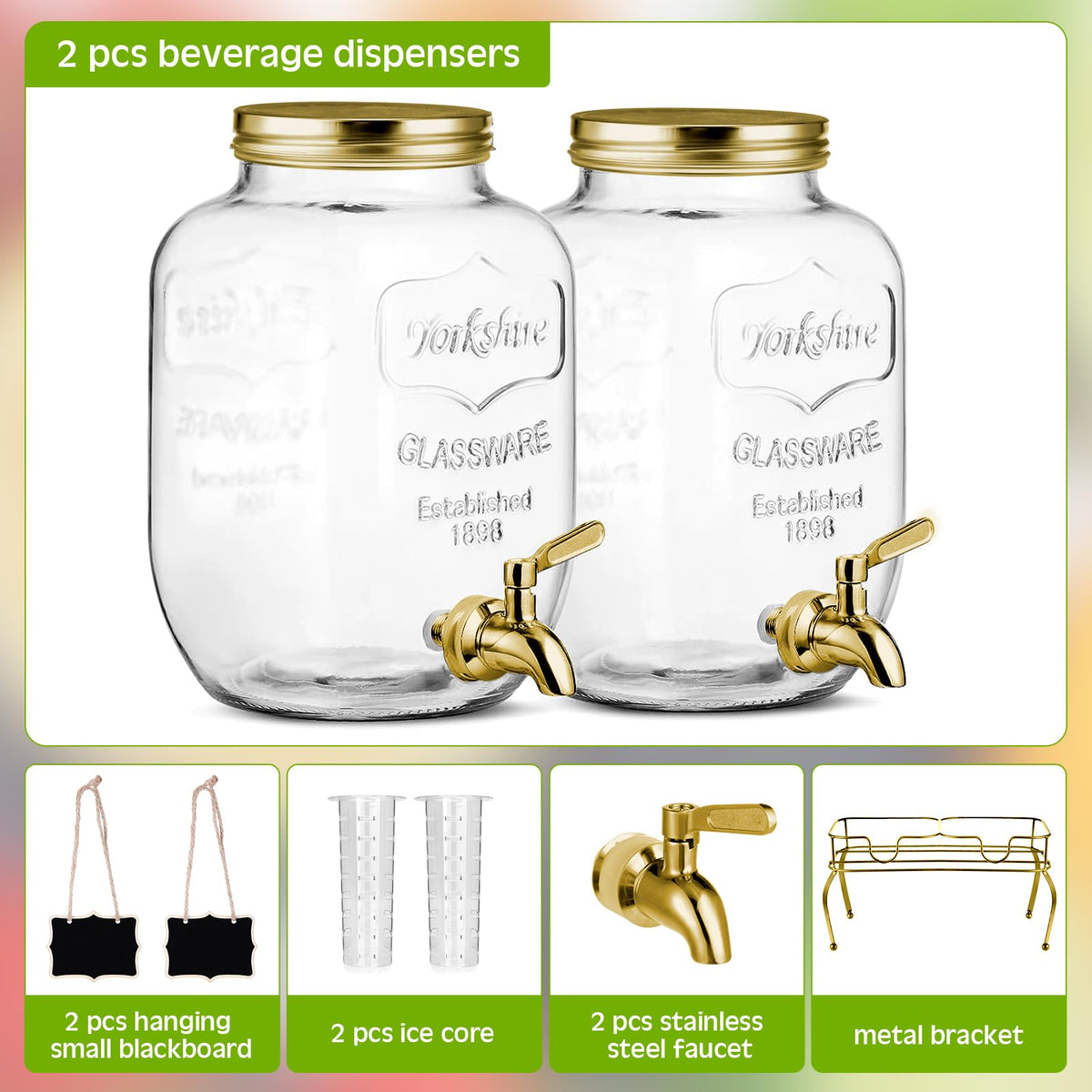 2 Pcs 2 Gallon Glass Drink Dispenser with Stand R485799