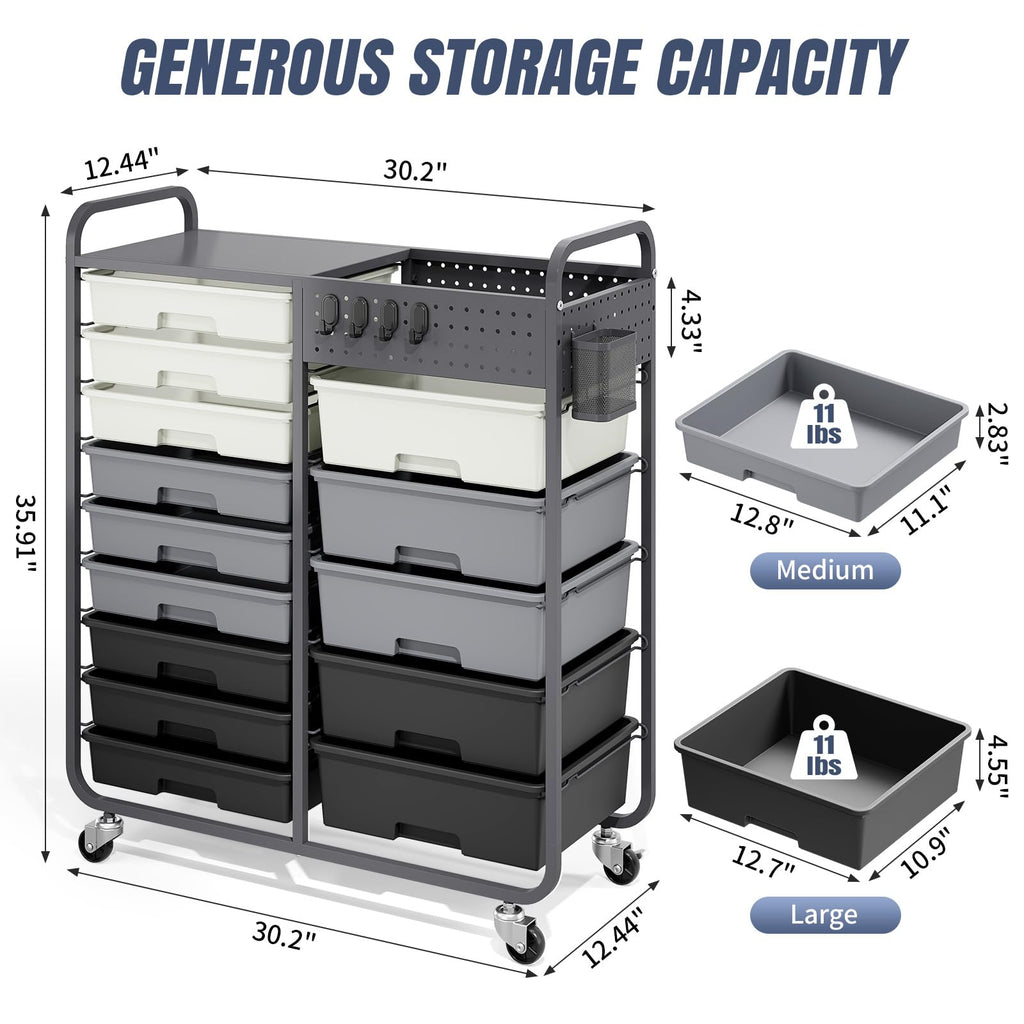 14 Drawer Rolling Storage Cart with Tabletop and Pegboard Grey M852804