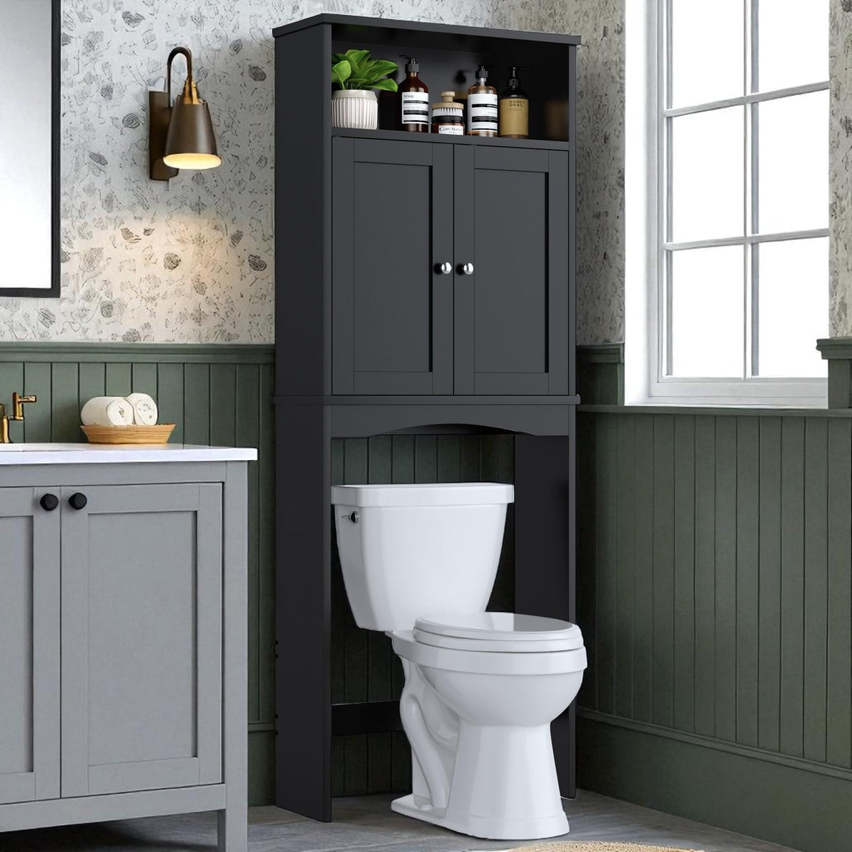 Over The Toilet Storage Cabinet with Adjustable Shelf and Double Door, Black M326