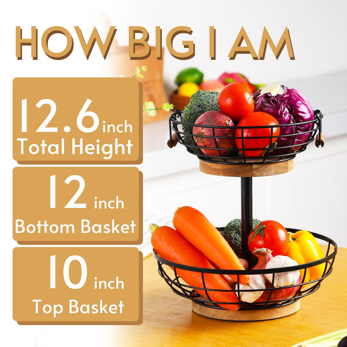 2-tier Metal Fruit Basket Bowl with Wooden Base L148013