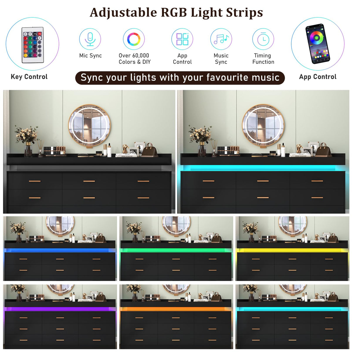 9 Drawer Dresser with LED Light and Charging Station C293603