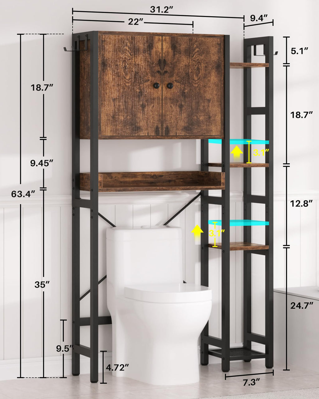 Over The Toilet Storage Cabinet with Doors, 7 Tier Bathroom Organizer with Adjustable Shelf U90317