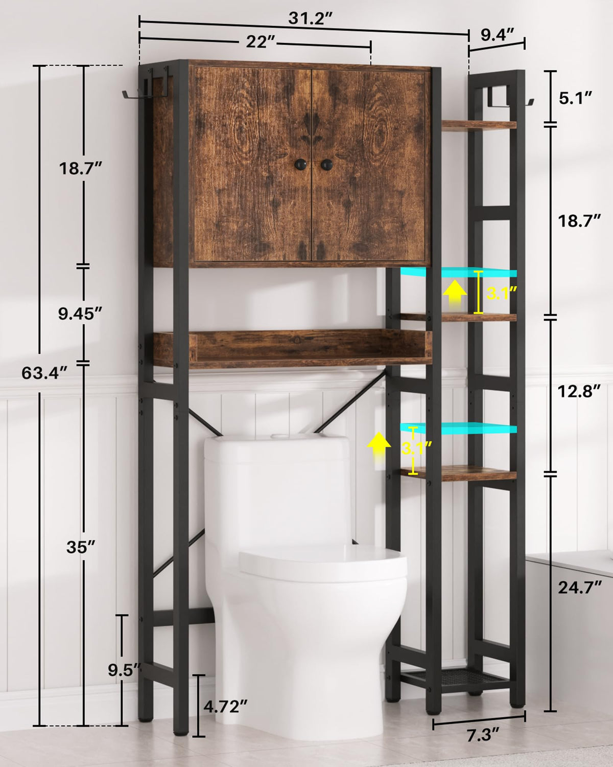 Over The Toilet Storage Cabinet with Doors, 7 Tier Bathroom Organizer with Adjustable Shelf U90317
