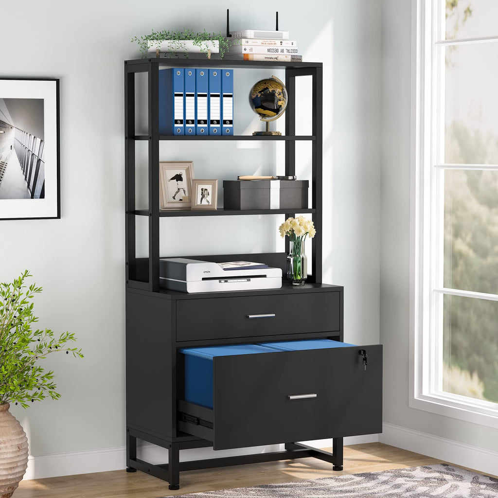 2 Drawer Vertical File Cabinet with Lock & Bookshelf Black B81289
