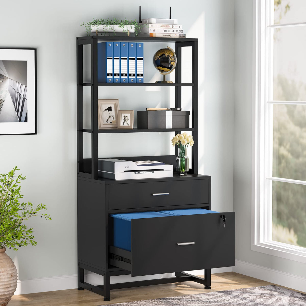 2 Drawer Vertical File Cabinet with Lock & Bookshelf Black B81289