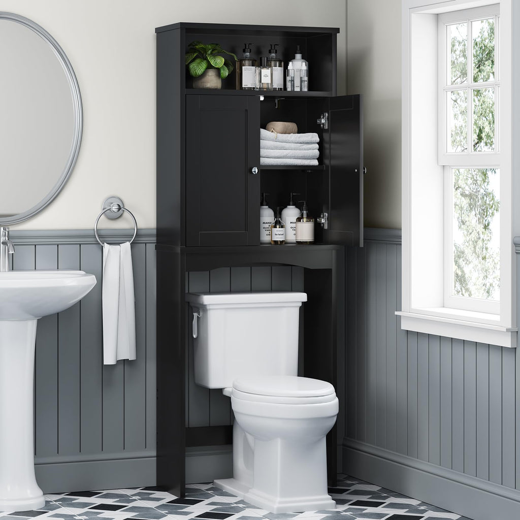 Over The Toilet Storage Cabinet with Adjustable Shelf and Double Door, Black M326