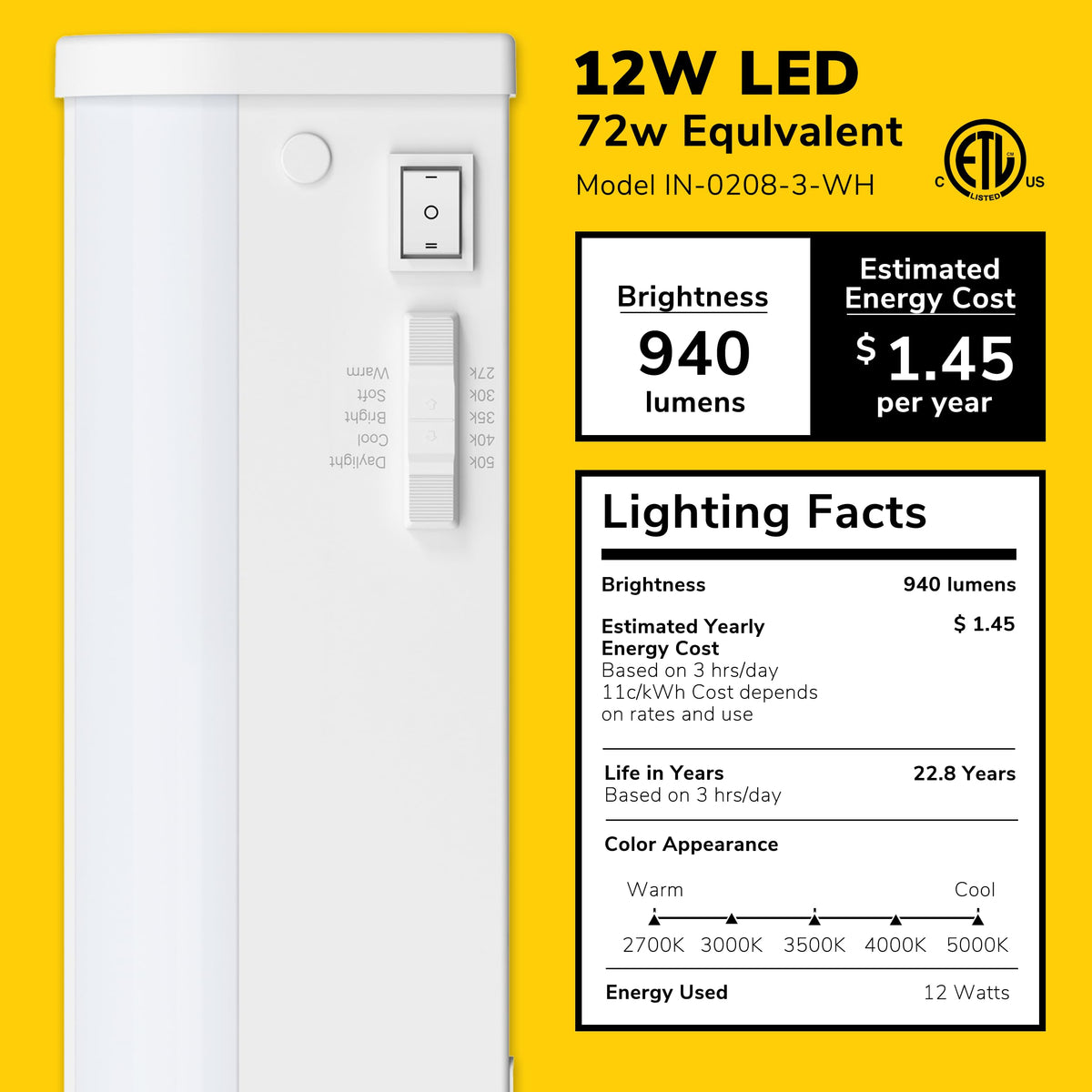24-Inch LED Under Cabinet Light, 5-CCT Selectable, Dimmable, White C383