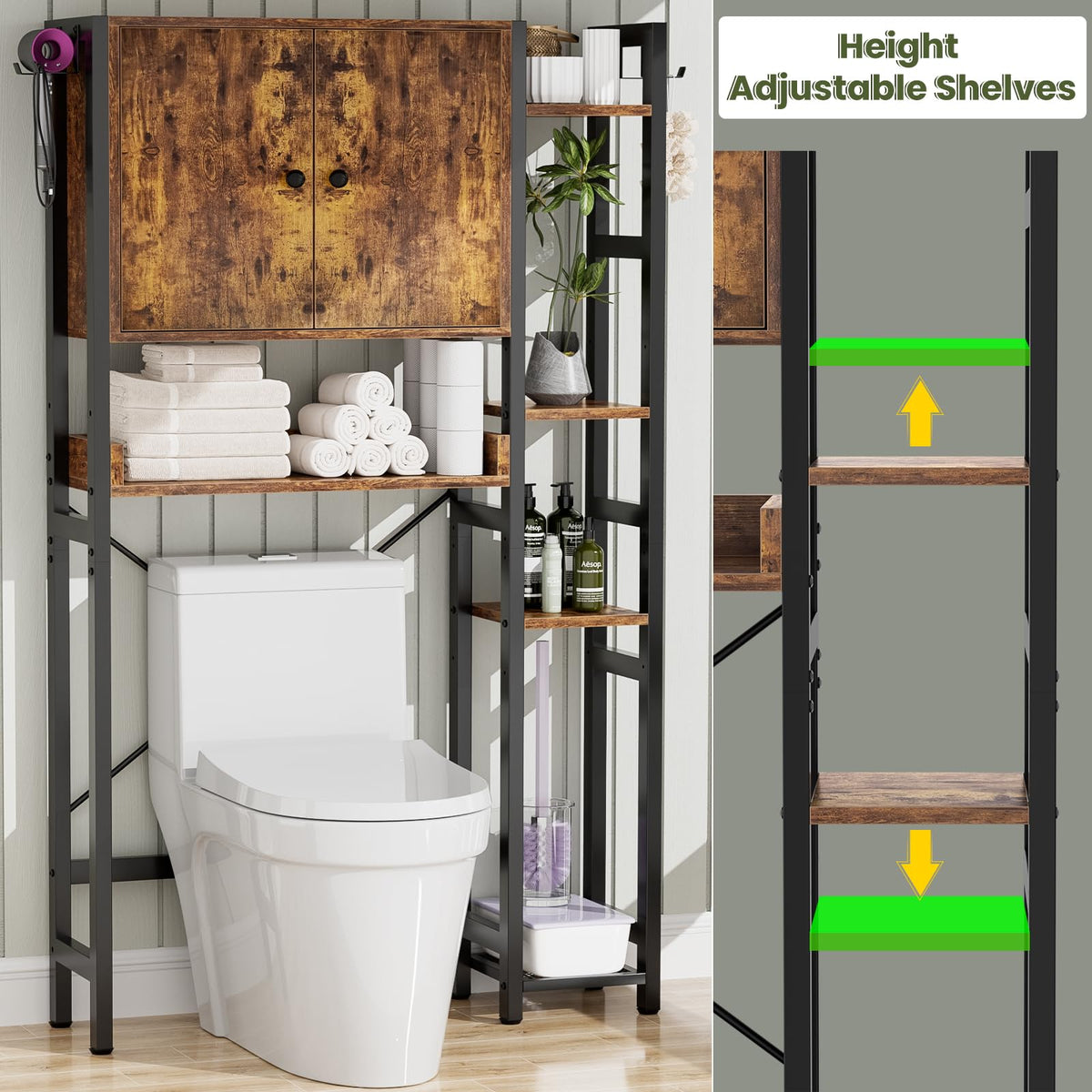 Over The Toilet Storage Cabinet with Doors, 7 Tier Bathroom Organizer with Adjustable Shelf U90317