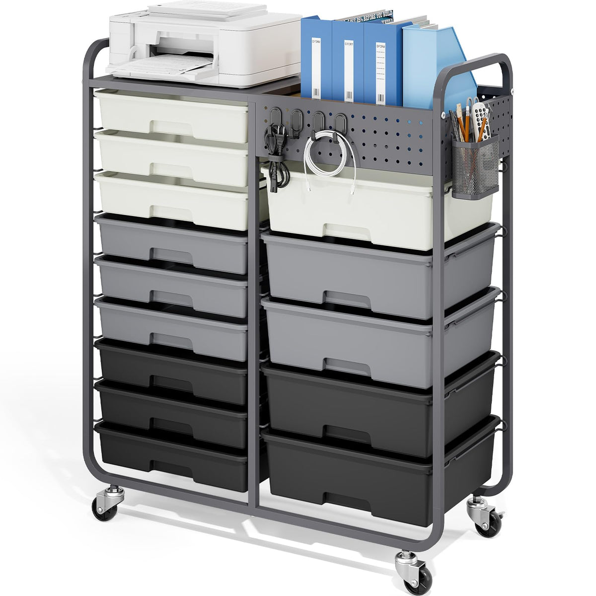 14 Drawer Rolling Storage Cart with Tabletop and Pegboard Grey M852804