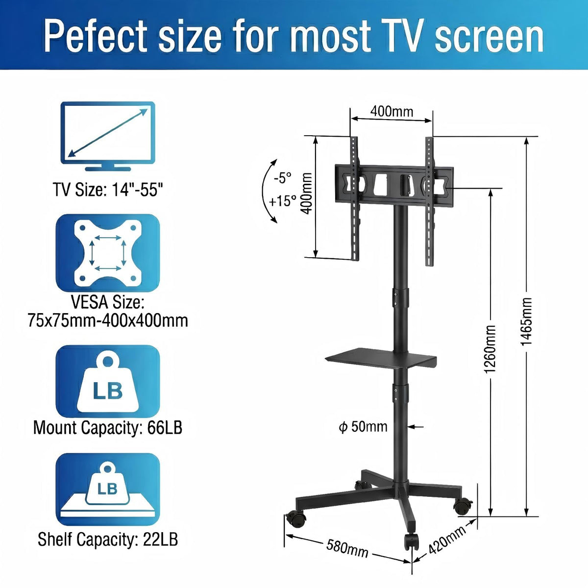 Rolling TV Stand for 14-55 Inch TV, Mobile TV Cart on Wheels, Max VESA 400x400mm, Holds 66 lbs A38791