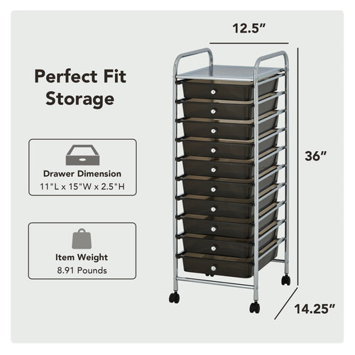 10 Drawer Rolling Storage Cart with Black Drawers B839017