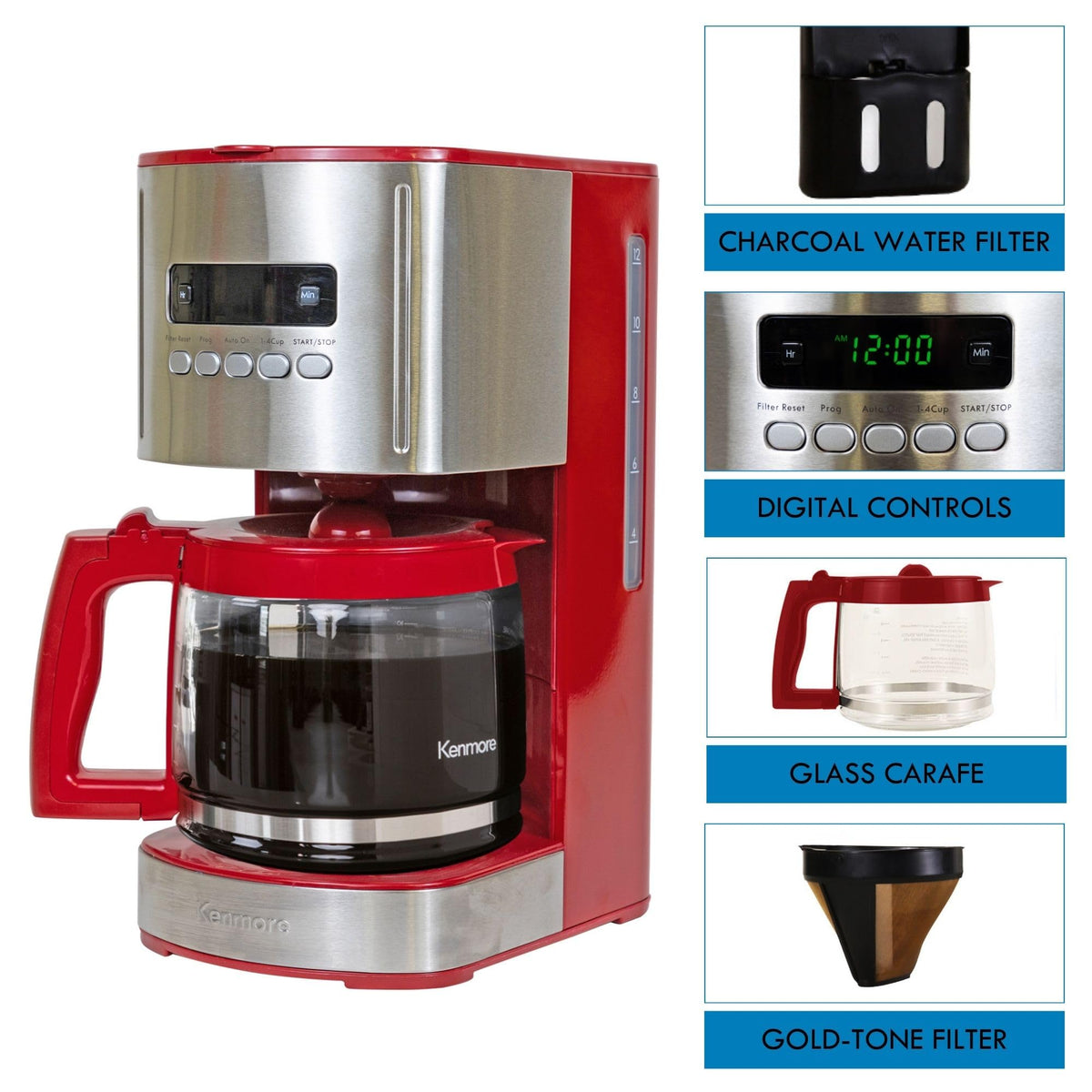12 Cup Programmable Drip Coffee Maker, Red and Stainless Steel, 12 Pack Charcoal Water Filter R99781