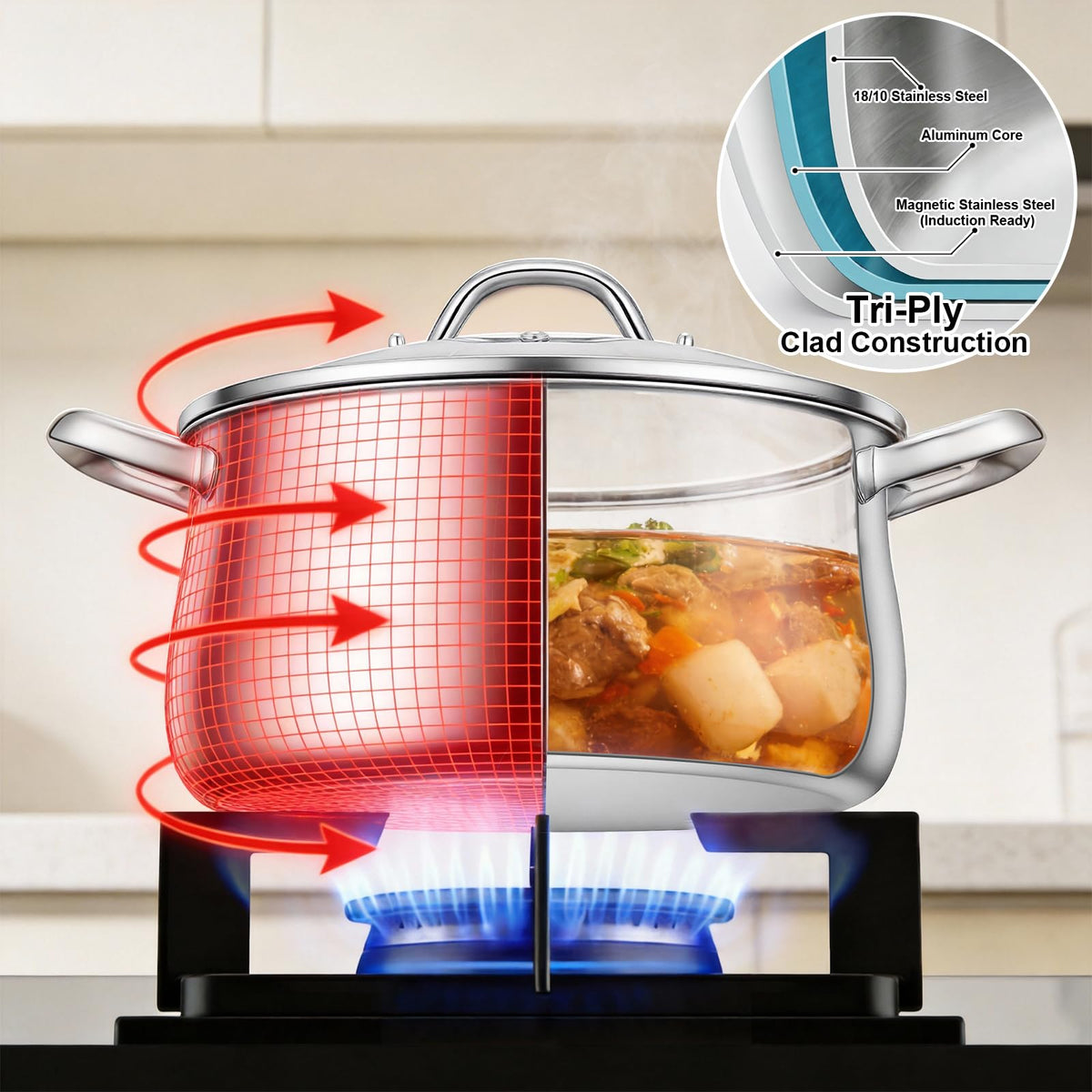 8QT Tri-Ply Stainless Steel Stock Pot with Lid U584974