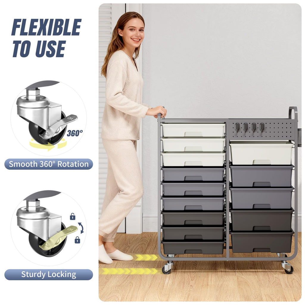 14 Drawer Rolling Storage Cart with Tabletop and Pegboard Grey M852804