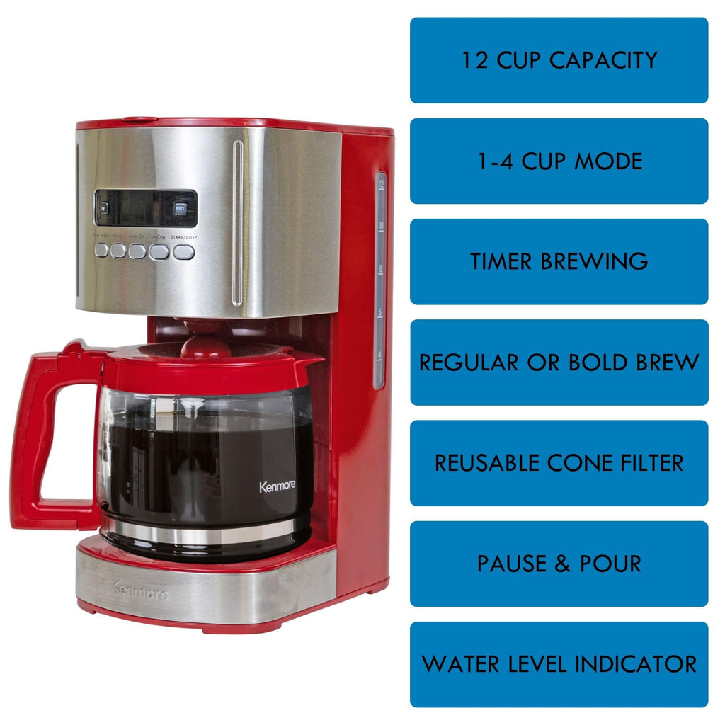 12 Cup Programmable Drip Coffee Maker, Red and Stainless Steel, 12 Pack Charcoal Water Filter R99781