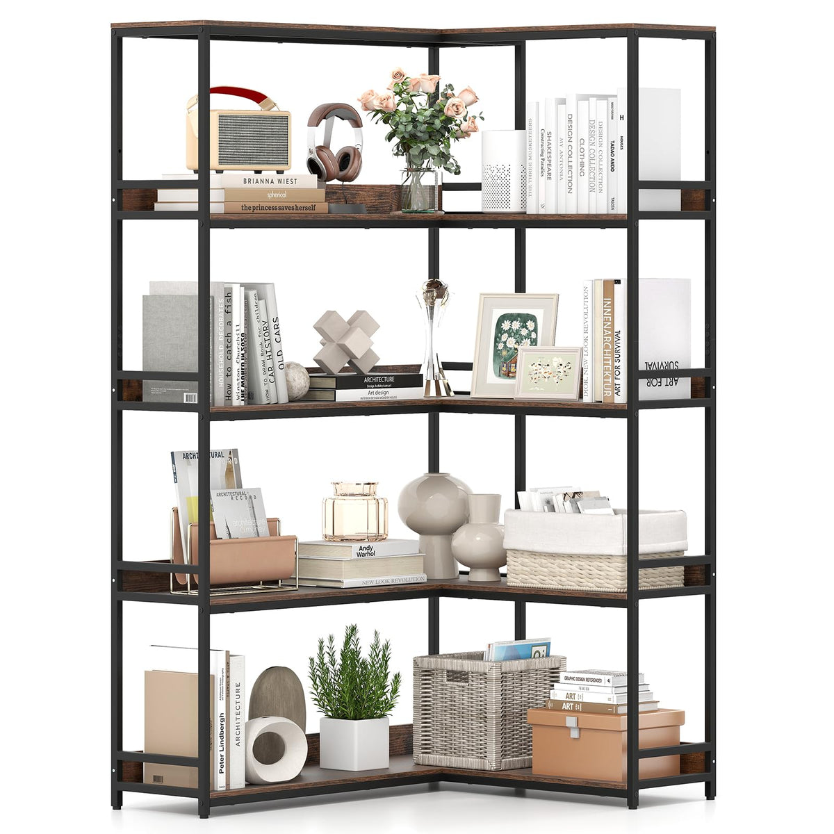 5-Tier L-Shaped Bookshelf with Metal Frame F493847