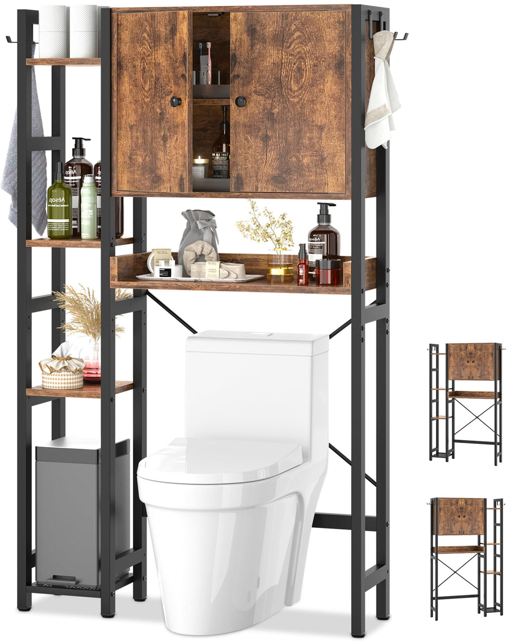 Over The Toilet Storage Cabinet with Doors, 7 Tier Bathroom Organizer with Adjustable Shelf U90317