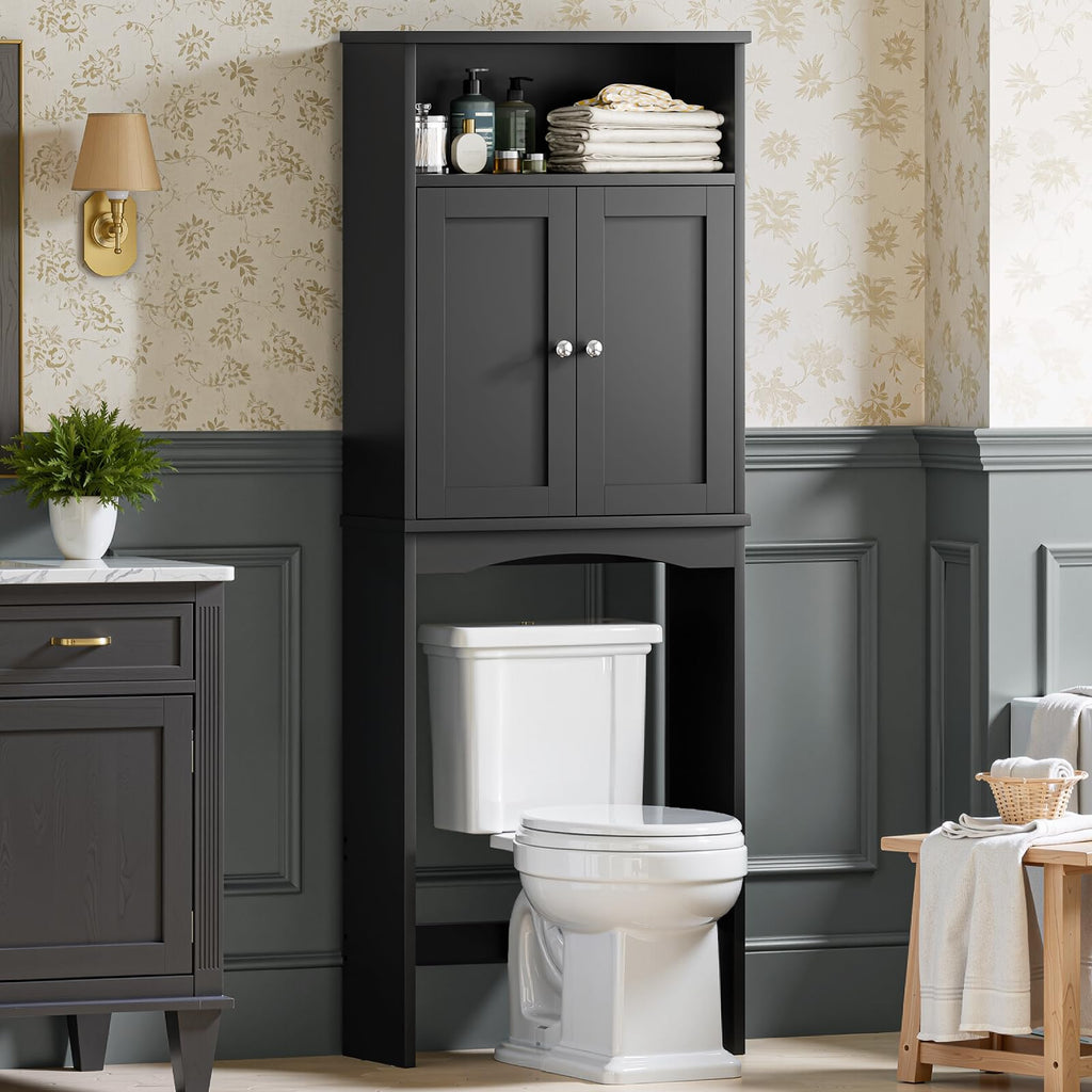 Over The Toilet Storage Cabinet with Adjustable Shelf and Double Door, Black M326