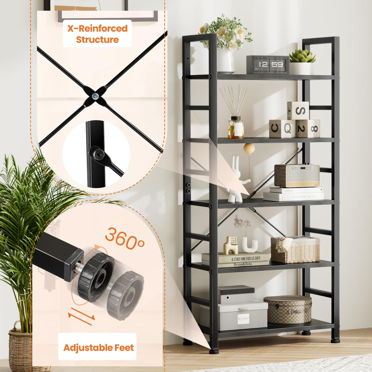 5 Tier Black Bookshelf A3913