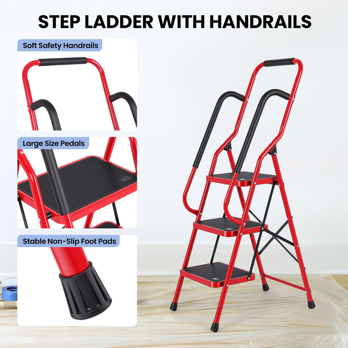 3 Step Folding Steel Step Ladder with Handrails M434