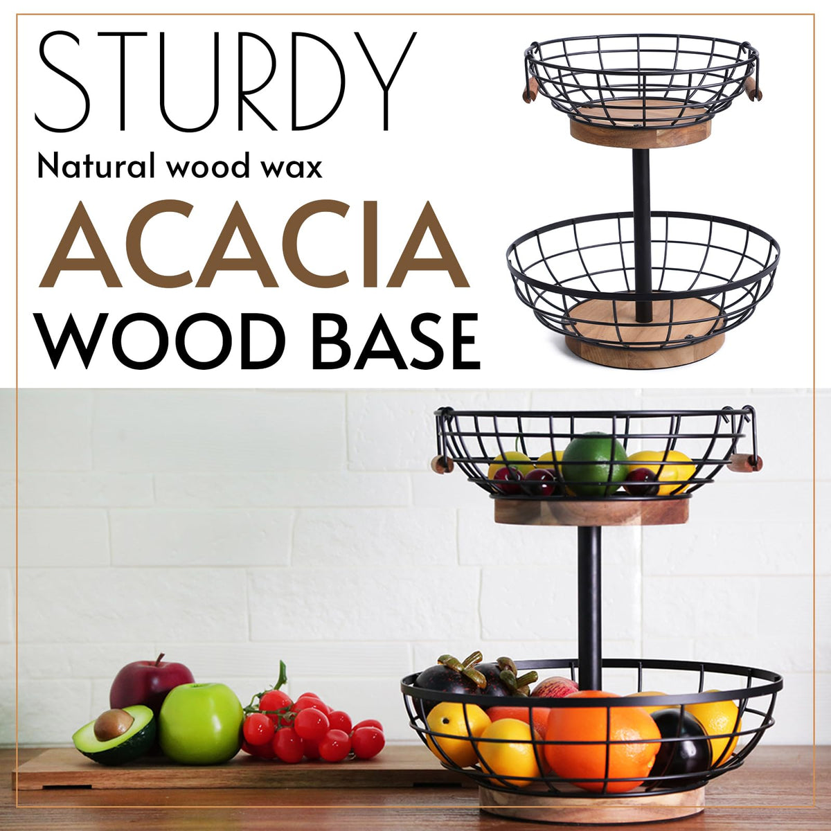 2-tier Metal Fruit Basket Bowl with Wooden Base L148013