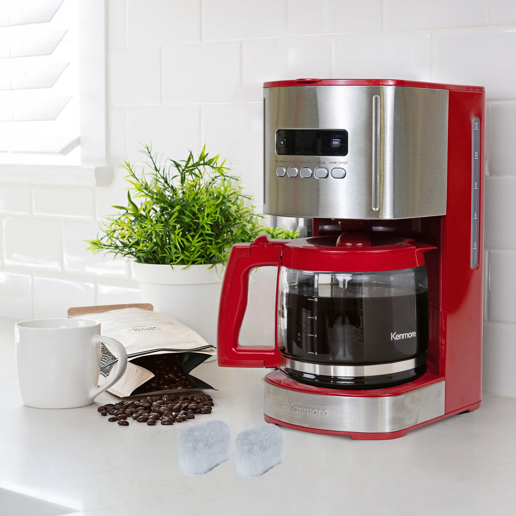 12 Cup Programmable Drip Coffee Maker, Red and Stainless Steel, 12 Pack Charcoal Water Filter R99781