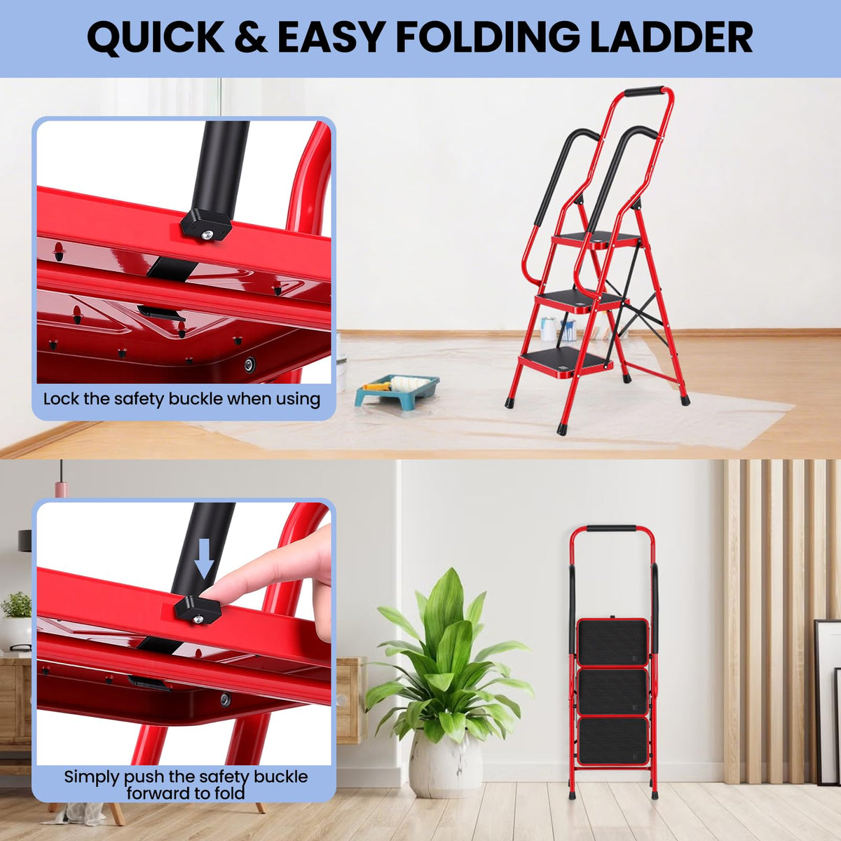 3 Step Folding Steel Step Ladder with Handrails M434