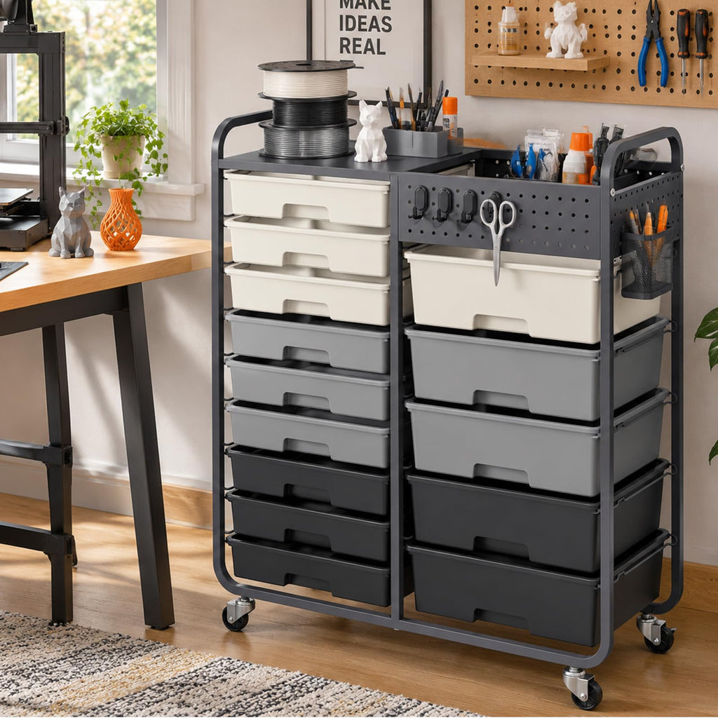 14 Drawer Rolling Storage Cart with Tabletop and Pegboard Grey M852804