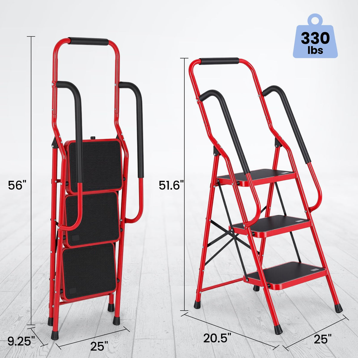 3 Step Folding Steel Step Ladder with Handrails M434