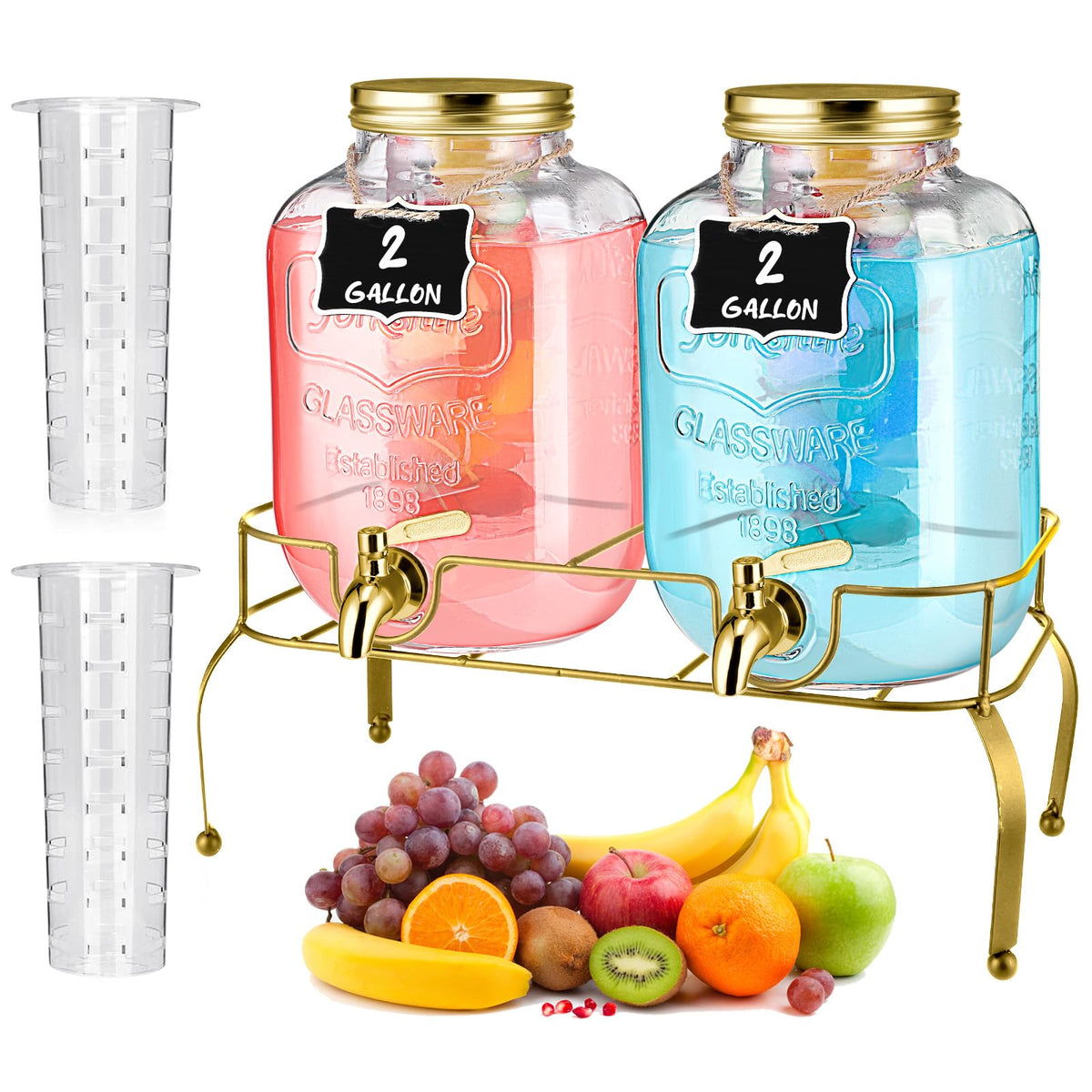 2 Pcs 2 Gallon Glass Drink Dispenser with Stand R485799